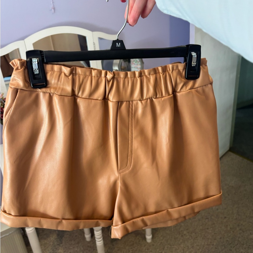 Tan Faux Leather Women Shorts